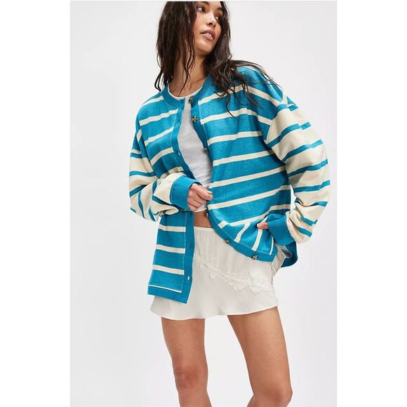 Free People Classic Striped Cardigan Crewneck Collegiate Blue Size XS